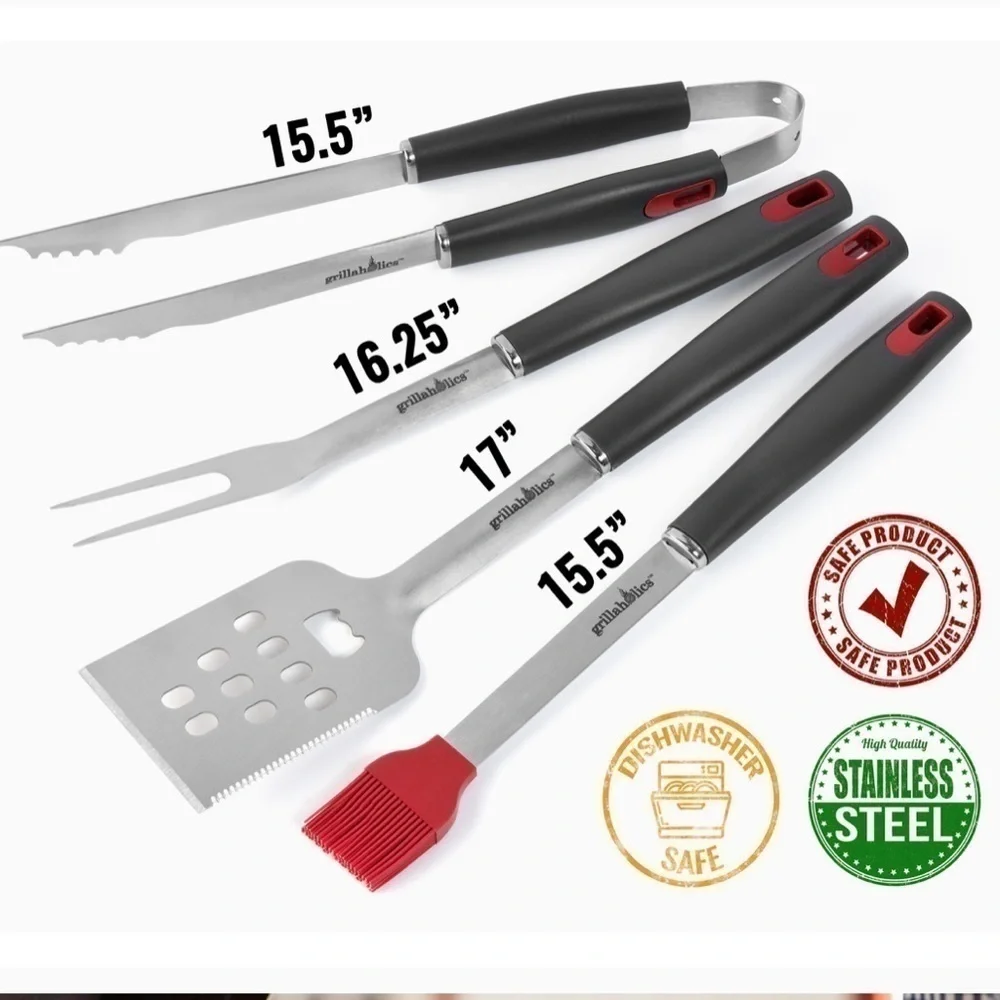 Brand New Grillaholics BBQ 4-Piece Heavy Duty Stainless Steel Grill Tools Set